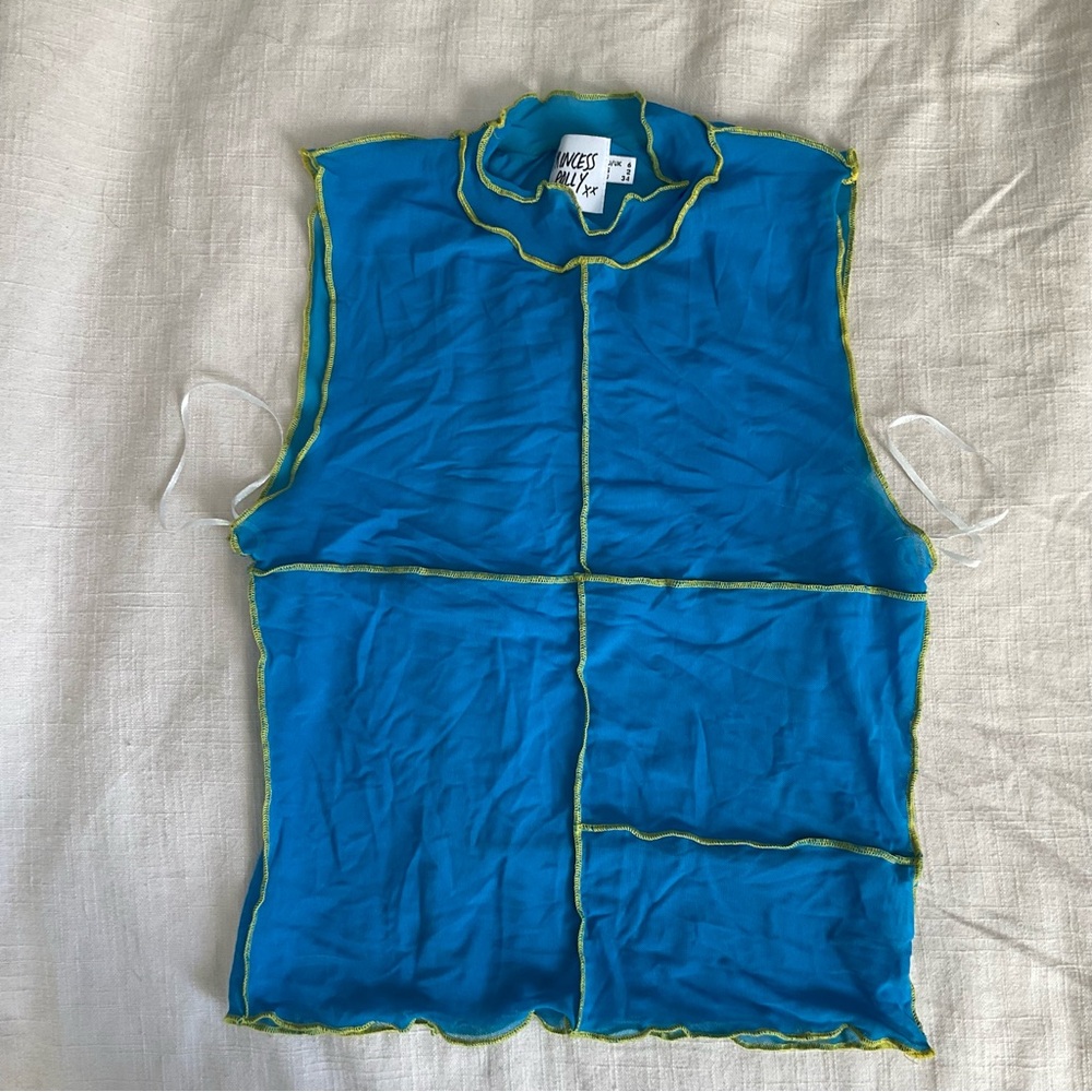 Blue Sheer Sleeveless Top with Green Trim
